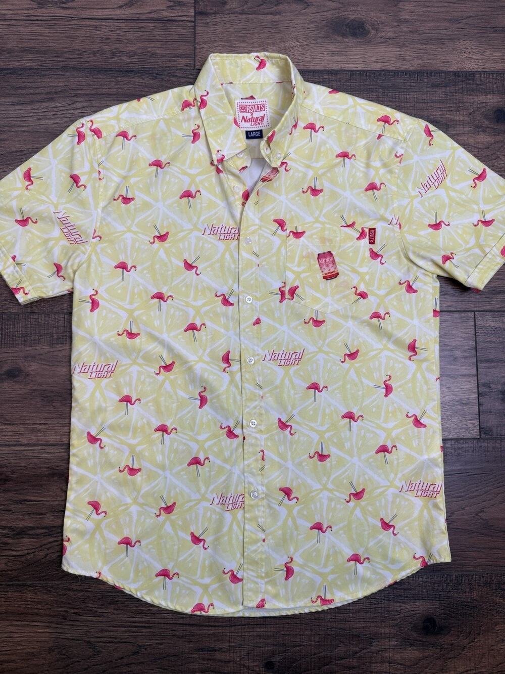 RSVLTS x Natural Light Men's Short Sleeve Button-Down Flamingo Shirt Yellow L
